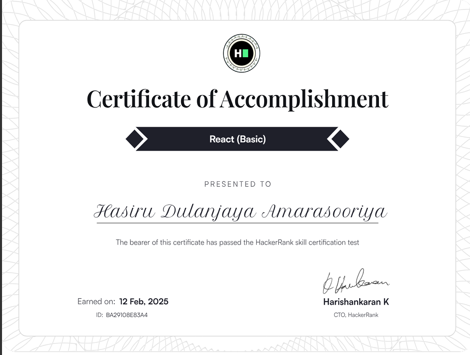 HackerRank - React (Basic) Certificate